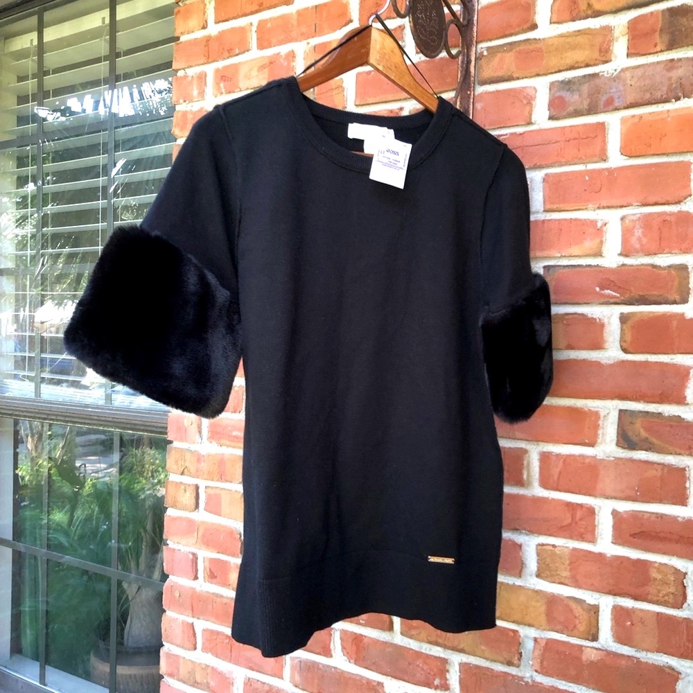 MICHAEL Michael Kors Black Knit Faux Fur Trim Sweater Size Small NWT